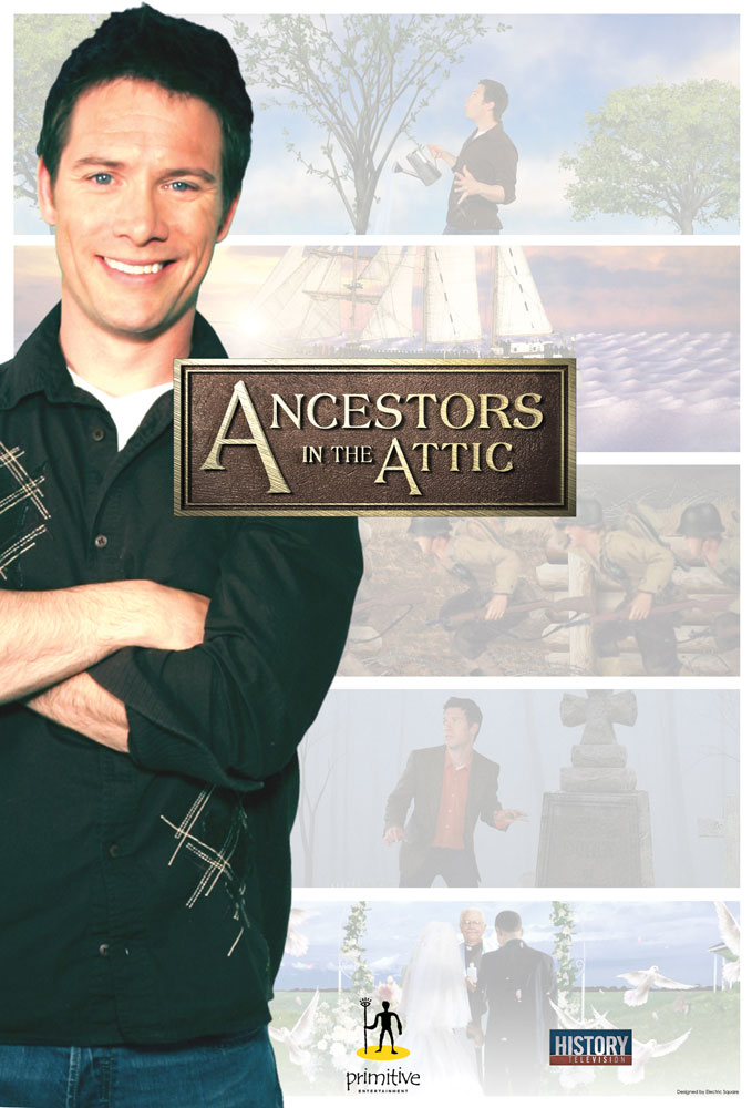 Official poster for Ancestors in the Attic: host Jeff Douglas stands smiling in front of a collage of historical family scenes.