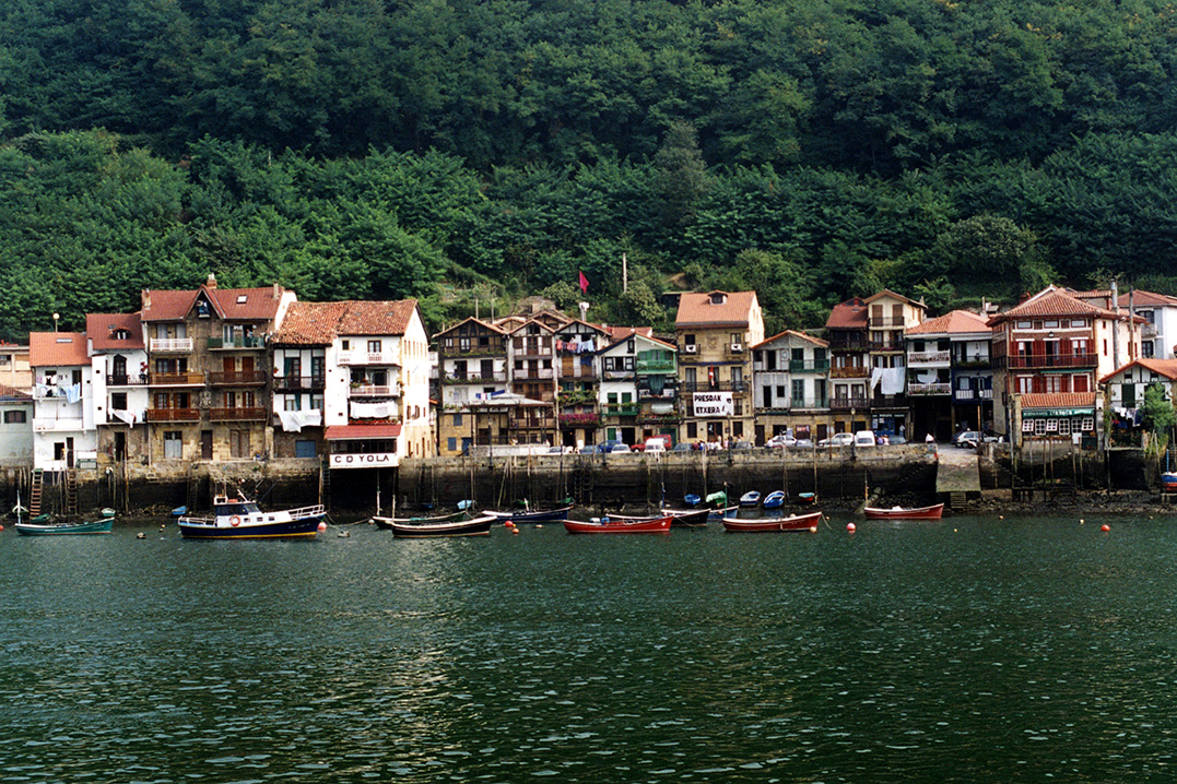 Small fishing boats moored beside a row of waterfront houses in a coastal fishing village, forested hills rising behind.