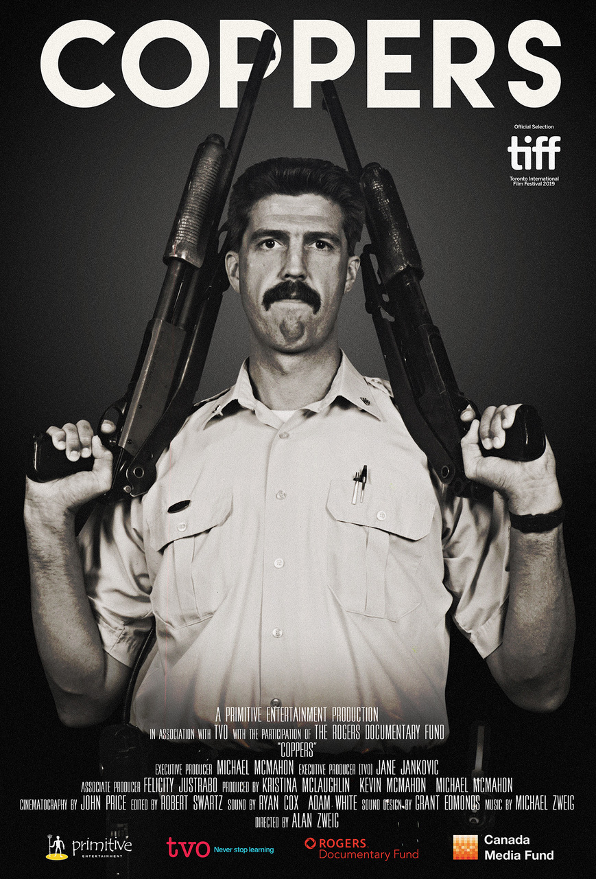 Official poster for Coppers: a black-and-white portrait of a uniformed officer holding two shotguns crossed behind his head, with an Official Selection TIFF 2019 laurel.