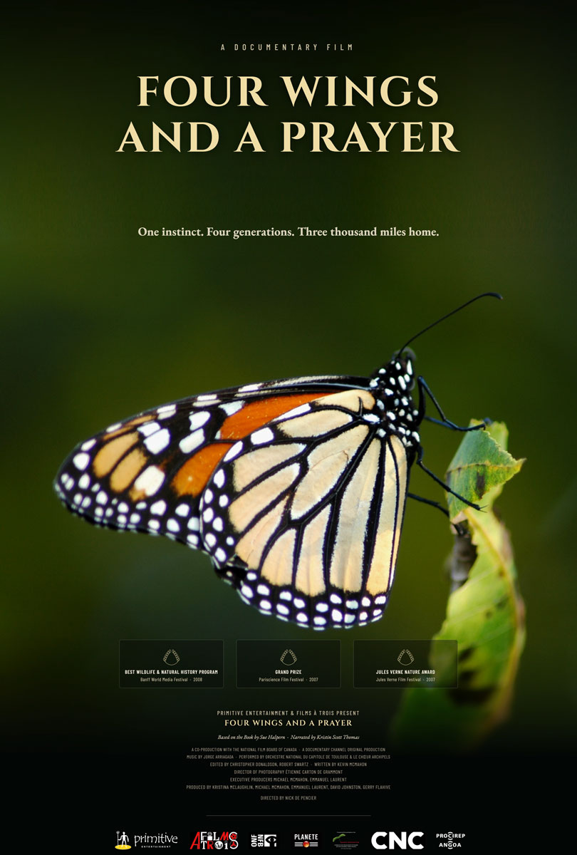 Official poster for Four Wings and a Prayer: a Monarch butterfly perched on a leaf, with the tagline 'One instinct. Four generations. Three thousand miles home.'