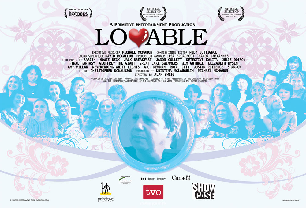 Official poster for Lovable: a framed portrait of director Alan Zweig set against a crowd of women, with the film's title above.
