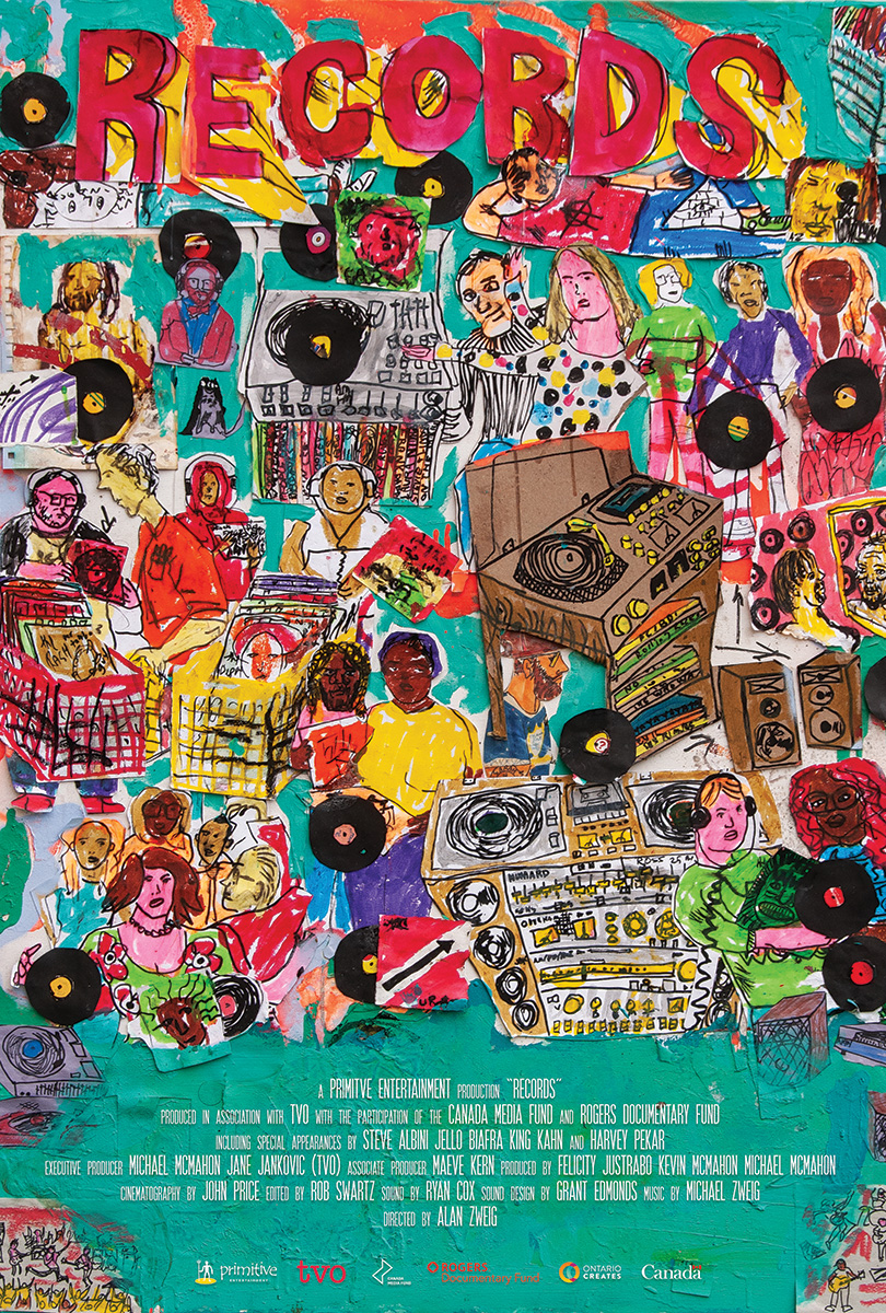 Official poster for Records: a collage-style painting crowded with vinyl records, turntables, speakers, and illustrated portraits of record collectors.