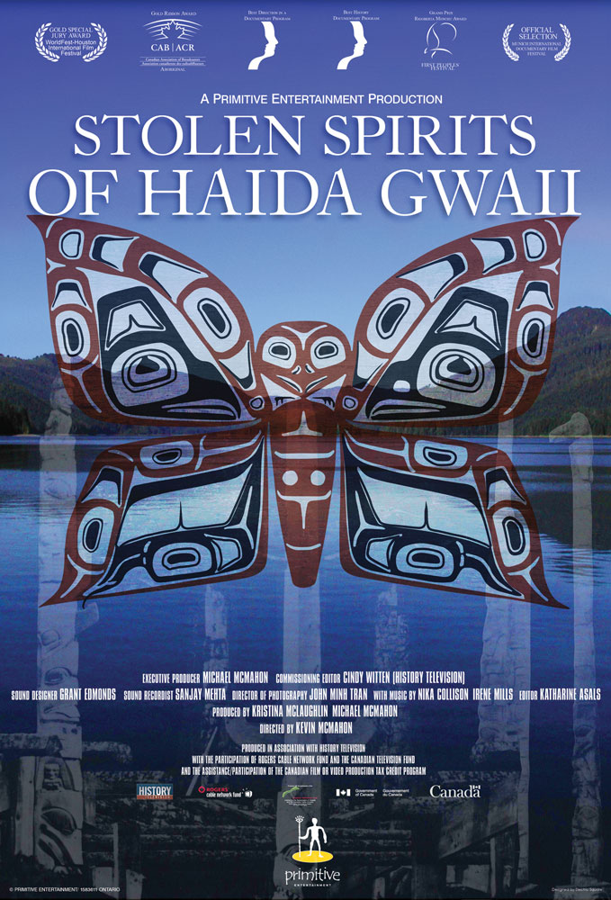 Official poster for Stolen Spirits of Haida Gwaii: a Haida-style butterfly crest design overlaid on a coastal lake and mountain landscape.